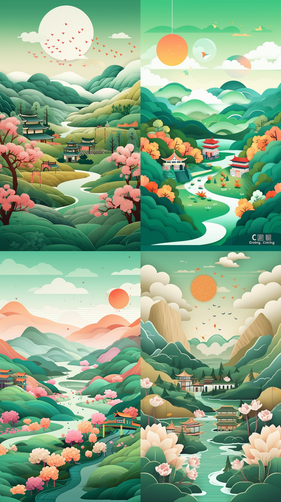 Create a poster for Qingming Festiva,spring bright green tones, mountains, clouds, water, terraces, mountain villages, peach trees, grass,natural light,ulti-dimensional paper kirigami craft, paper flat illustration,Chinese traditional painting, jade, auspicious clouds,Chinese style, Watercolor painting,light background,super detail,16k, best quality,graphic illustration --s 750 --q 2