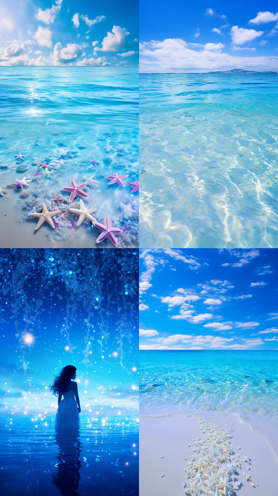 Blue ocean, blue sky, white beach in Maldives, gold, roses of different sizes on the beach, purple roses, many tiny and colorful luminous particles, illuminated by the Milky Way, the Arctic, tundra and icebergs, fantasy, high detail, beauty, 8K, symplectic shadow, complex details, super wide angle, panoramic photography, 8K. high definition 