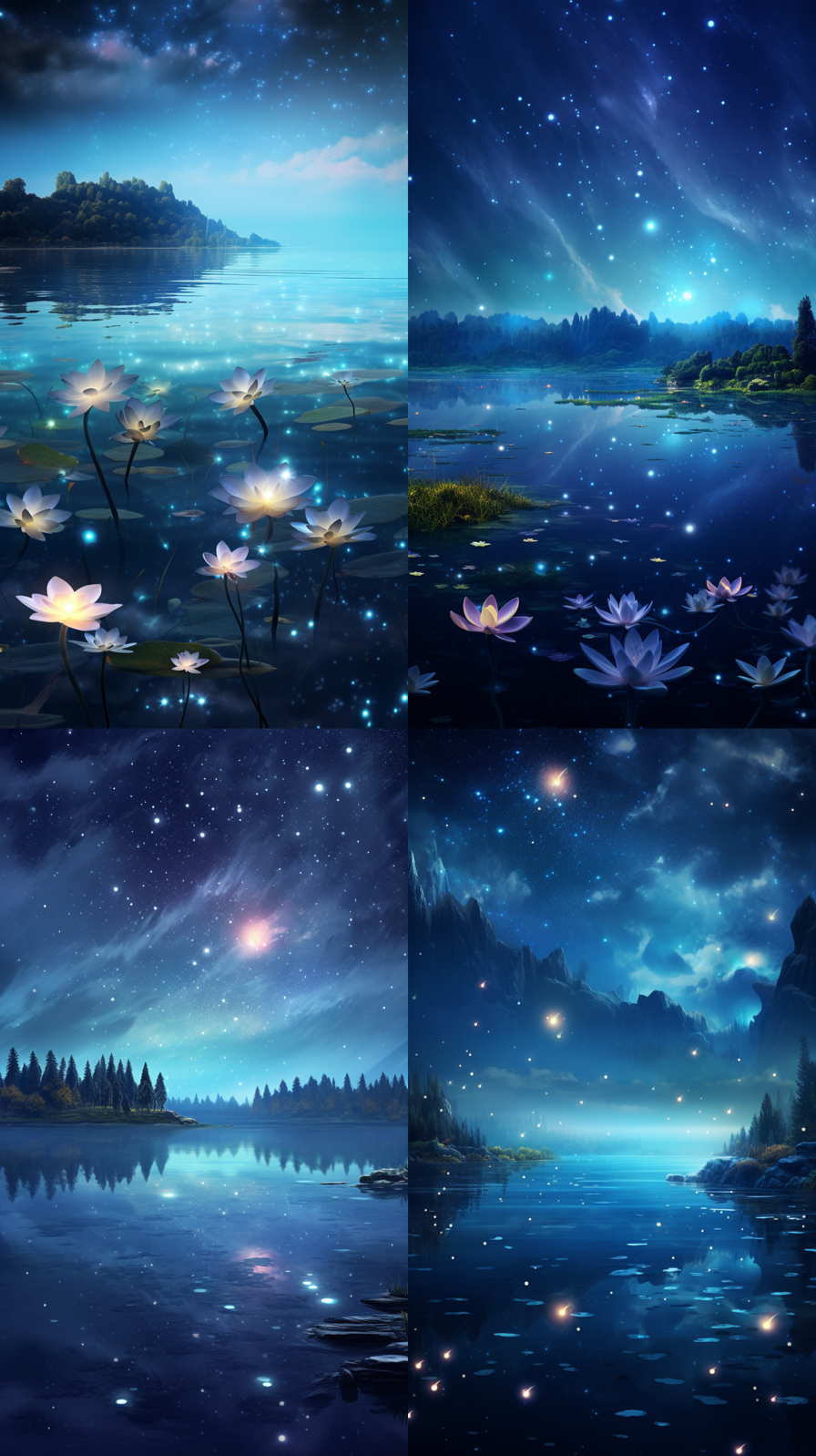 In the night sky, the stars shine on the silky lake, and the light blue roses float on the water. Aurora, fairy light, stars, twinkling stars, a meteor across the sky, wide lake, starry sky, Michael James Smith's matte painting, CG rendering, volumetric light,Dreamy，space art, bioluminescence, illusory engine 5，Dindal luminous effect, super wide angle, high definition, HD, 