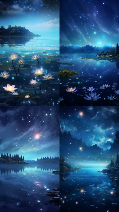 In the night sky, the stars shine on the silky lake, and the light blue roses float on the water. Aurora, fairy light, stars, twinkling stars, a meteor across the sky, wide lake, starry sky, Michael J…