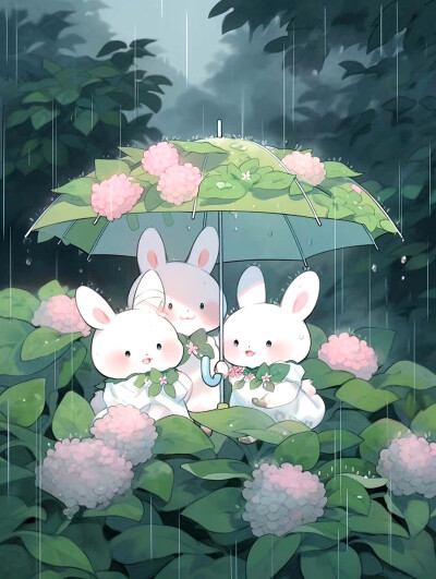 治愈系插画｜雨中的小兔兔