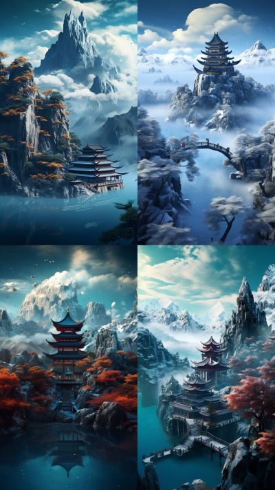 mountain landscape art, in the style of orient-inspired, cinematic sets, , cyan and black, uhd image, confucian ideology, caras ionut, brutalist architecture, mountains in the background, unreal engin…