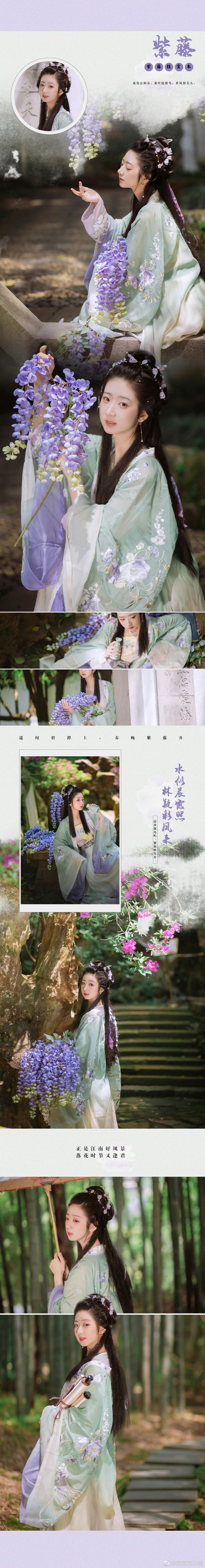 『月瘦菊黄，在荷花凋零的早晨，我送你一束春天的紫藤。』
摄影 @另一个从暮
出镜@宴宴宴知意
装造 @菥禾小庭
服装 @十三余官方微博