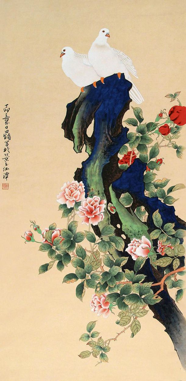 作者：田镛，1938年出生，北京人。当代中国花鸟画主要代表人物之一。
田镛出自工笔名门，为我国著名花鸟画家田世光先生哲嗣，拥有得天独厚的家学渊源。在近40年的艺术实践中，在创作上继承了宋元花鸟画的优秀传统，结合个人感受与新的技法，结合写意与泼墨画风的生动活泼，注重意境的特色，力求于平凡中显新奇，追求艺术的巧妙、精湛、清新、意趣，寻求以形写神的效果。