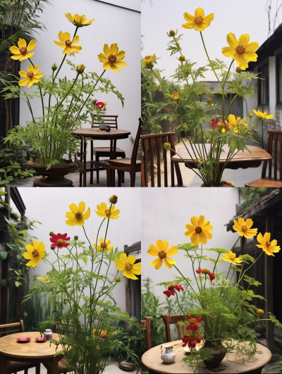 In a small courtyard in the Jiangnan region, there is an antique wooden table and several wooden chairs. On the table, there is a bouquet of