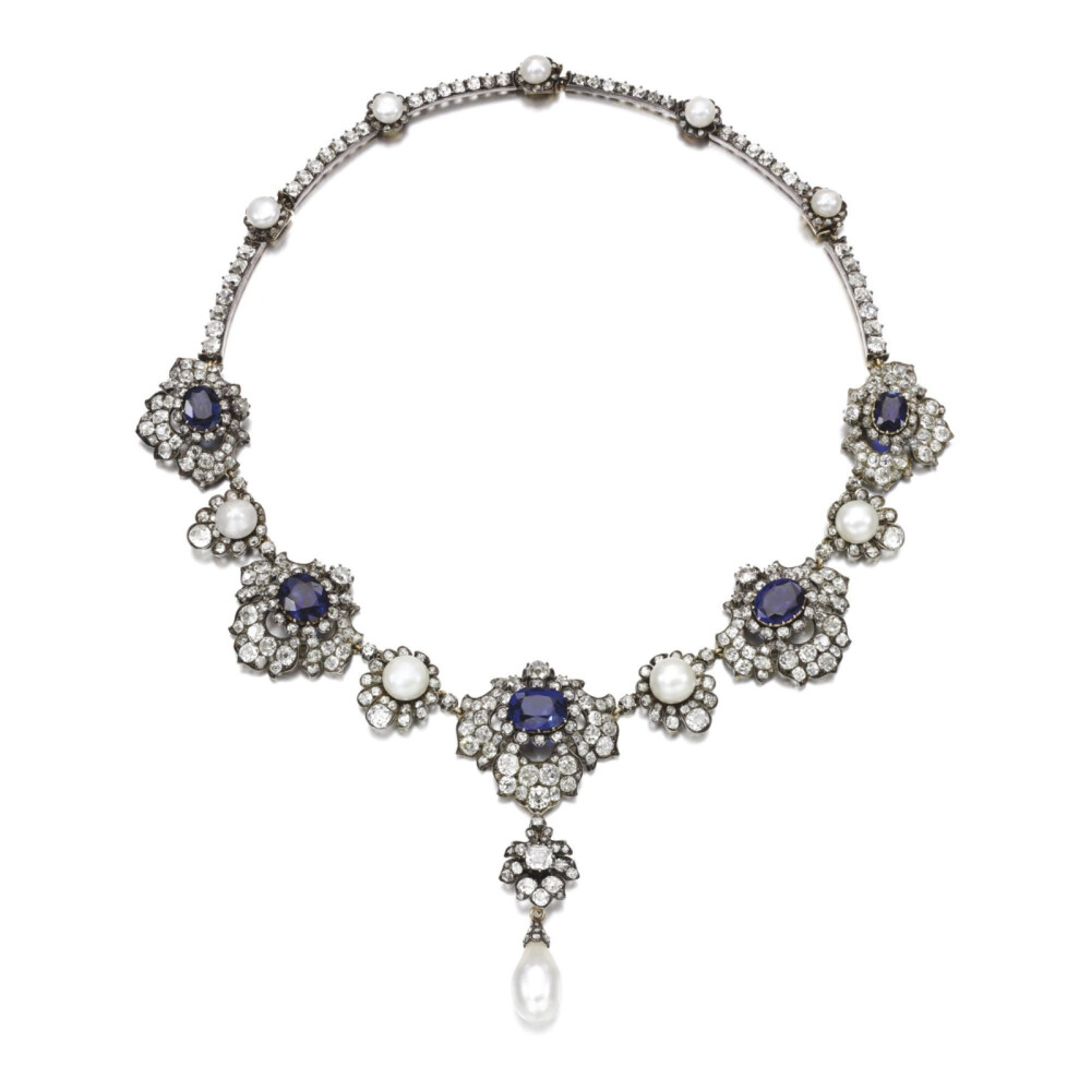 Natural pearl, sapphire and diamond tiara/necklace, 1870s