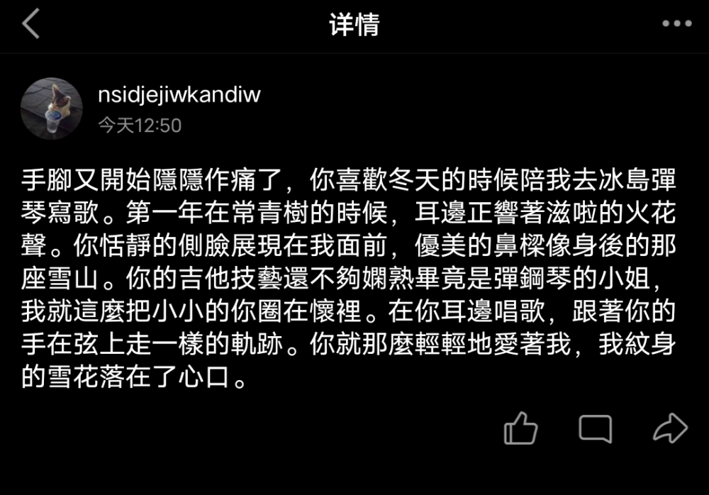 手腳又開始隱隱作痛了，你喜歡冬天的時候陪我去冰島彈琴寫歌。第一年在常青樹的時候，耳邊正響著滋啦的火花聲。你恬靜的側臉展現在我面前，優美的鼻樑像身後的那座雪山。你的吉他技藝還不夠嫻熟畢竟是彈鋼琴的小姐，我就這麼把小小的你圈在懷裡。在你耳邊唱歌，跟著你的手在弦上走一樣的軌跡。你就那麼輕輕地愛著我，我紋身的雪花落在了心口。