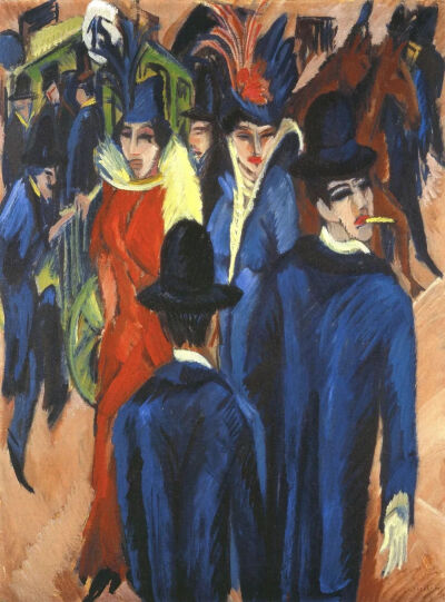 Ernst Ludwig Kirchner《Berliner Straßenszene》，布面油画，121×95cm，1913年，新美术馆藏。
