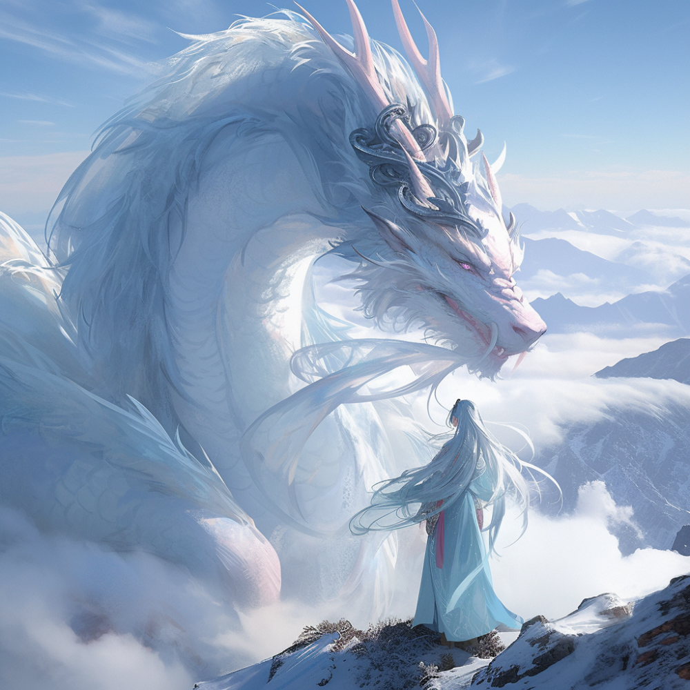 gorgeous white hanfu, with long light blue hair, standing on the top of the snow mountain, looking at the magnificent scenery in the distance. Dragon hovering in front, impressive panorama, superdetail, 8K, visual impact, bright colors, bright, surreal, surreal, - -niji 5
咒语