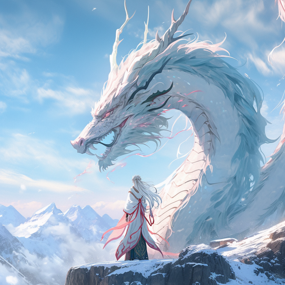 gorgeous white hanfu, with long light blue hair, standing on the top of the snow mountain, looking at the magnificent scenery in the distance. Dragon hovering in front, impressive panorama, superdetail, 8K, visual impact, bright colors, bright, surreal, surreal, - -niji 5
咒语