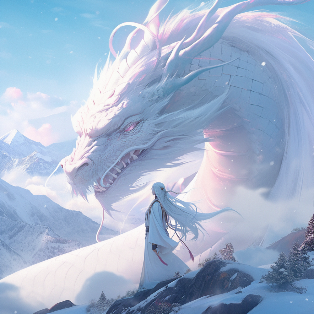 gorgeous white hanfu, with long light blue hair, standing on the top of the snow mountain, looking at the magnificent scenery in the distance. Dragon hovering in front, impressive panorama, superdetail, 8K, visual impact, bright colors, bright, surreal, surreal, - -niji 5
咒语