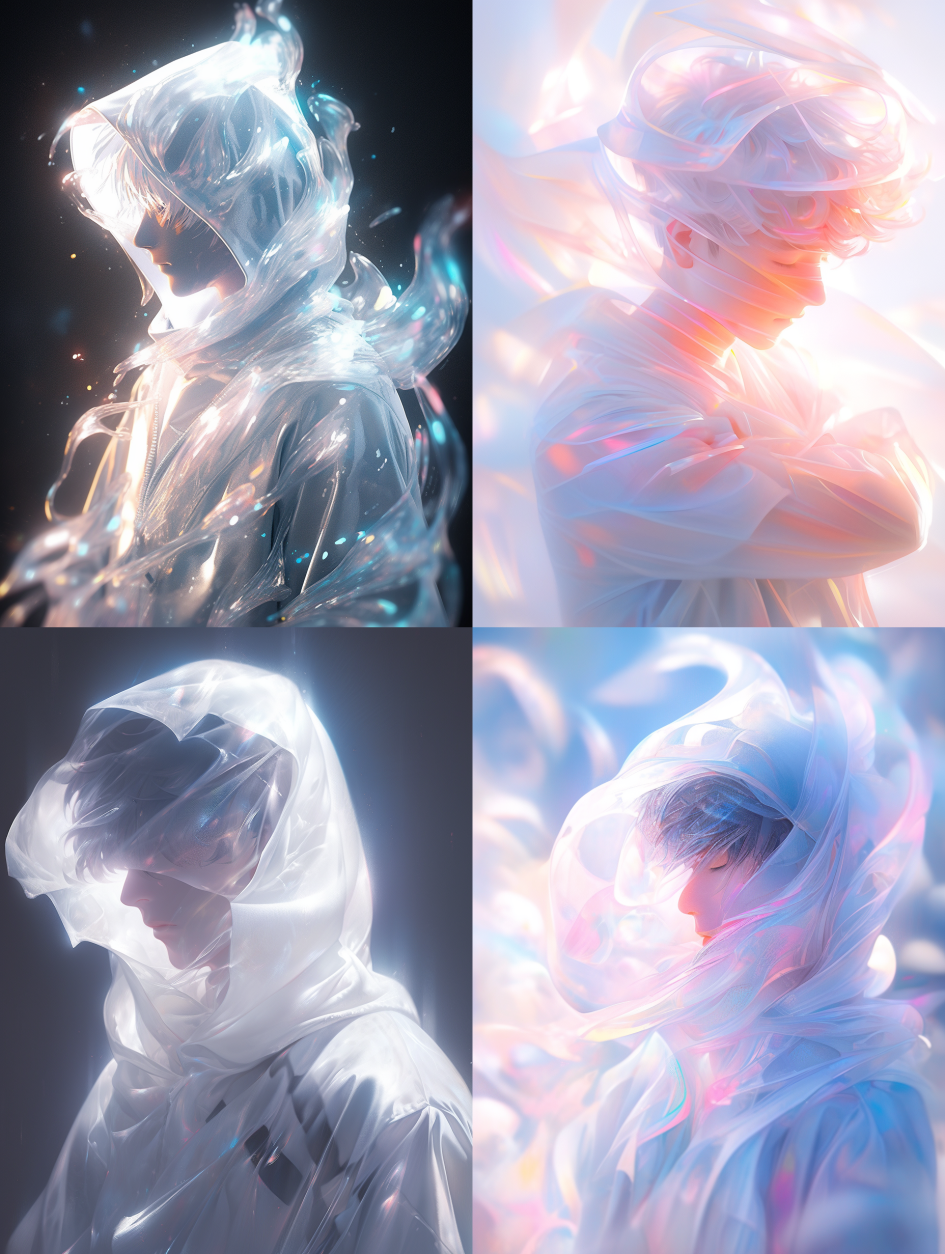 Picture full of stories, single exposure, close-up, a white image shows a Asian boy covering himself withplastic, in the style of soft focus romanticism, fashion bazaar style artwork, clean, translucent abstraction creation, uhd image, close up, a touch of white powder. The Art of Light Painting, Co