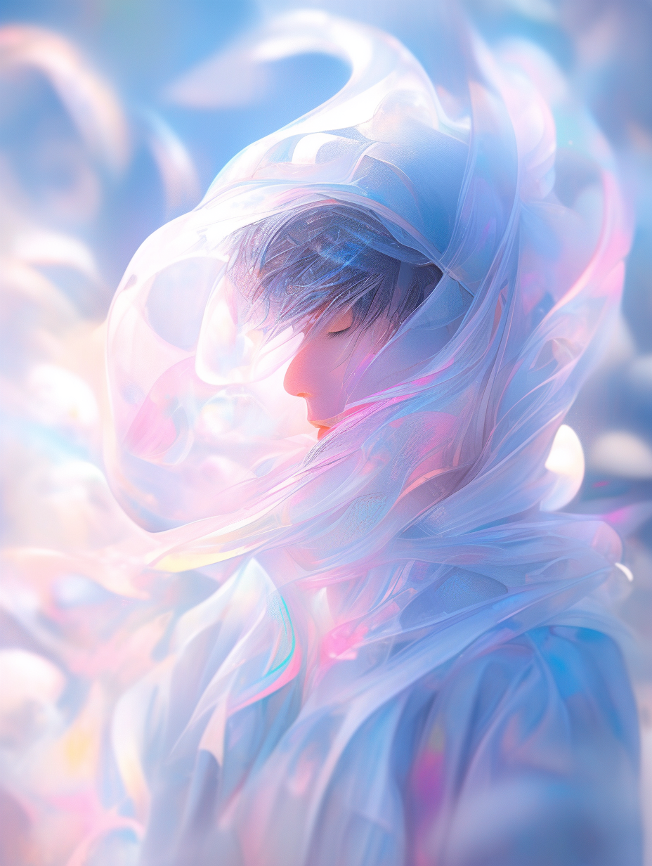 Picture full of stories, single exposure, close-up, a white image shows a Asian boy covering himself withplastic, in the style of soft focus romanticism, fashion bazaar style artwork, clean, translucent abstraction creation, uhd image, close up, a touch of white powder. The Art of Light Painting, Co