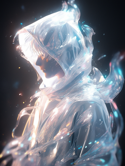 Picture full of stories, single exposure, close-up, a white image shows a Asian boy covering himself withplastic, in the style of soft focus romanticism, fashion bazaar style artwork, clean, transluce…