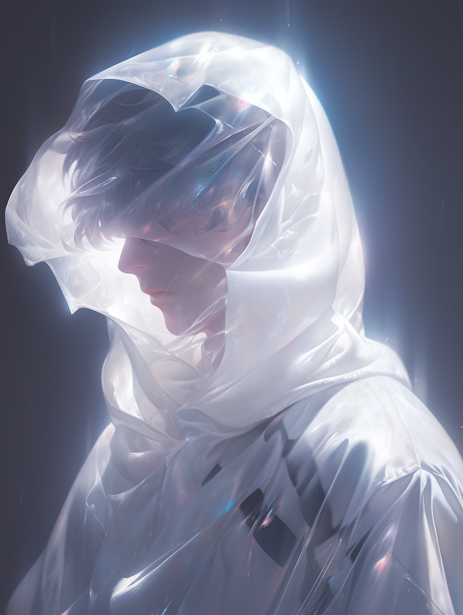 Picture full of stories, single exposure, close-up, a white image shows a Asian boy covering himself withplastic, in the style of soft focus romanticism, fashion bazaar style artwork, clean, translucent abstraction creation, uhd image, close up, a touch of white powder. The Art of Light Painting, Co