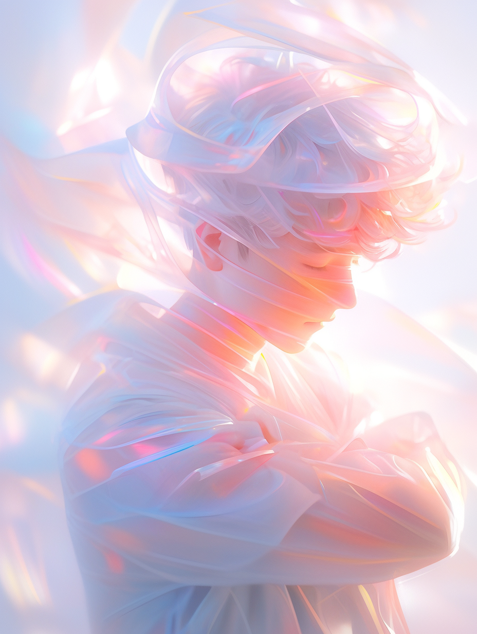 Picture full of stories, single exposure, close-up, a white image shows a Asian boy covering himself withplastic, in the style of soft focus romanticism, fashion bazaar style artwork, clean, translucent abstraction creation, uhd image, close up, a touch of white powder. The Art of Light Painting, Co