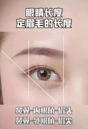 在需要放大眼睛的时候，专业化妆师都是先化眼妆、再化眉毛的。
这么说是因为，如果是不化眼线的淡妆，我们也可以先化眉毛，顺序不是绝对的。
但如果是一个精致的大眼妆，那一定是要根据完成后的眼妆，来确定眉毛的长度和眉形的！
眉毛和眼睛的比例关系如下！干货，仔细看！