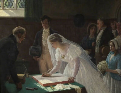 Edmund Blair Leighton,The Wedding Register婚姻登记，1920