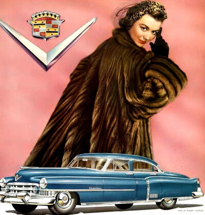 1950年-1951年，凯迪拉克（Cadillac）汽车广告中穿皮草的模特 ​​​