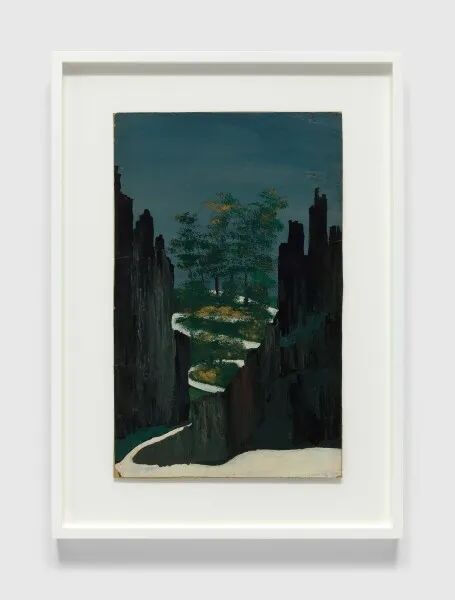 弗兰克·沃尔特《Untitled (Craggy Mountains With Meandering White Path)》，油彩、单层纸板，38×23.5cm，展出于“大地、空气、家园、海洋：弗兰克·沃尔特的世界”，卓纳画廊，2022年 ©David Zwirner