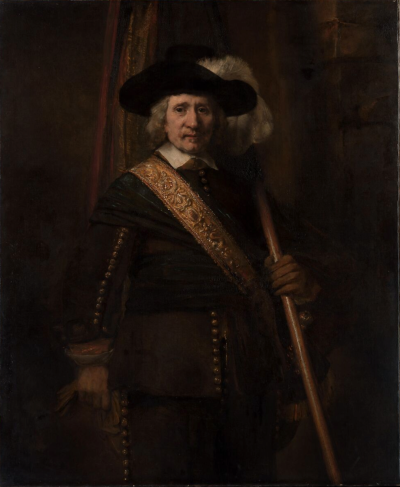 伦勃朗《The Standard Bearer (Floris Soop, 1604–1657)》，布面油画，140.3×114.9cm，1654年，曾由杜维恩和巴什经手，藏于大都会艺术博物馆
