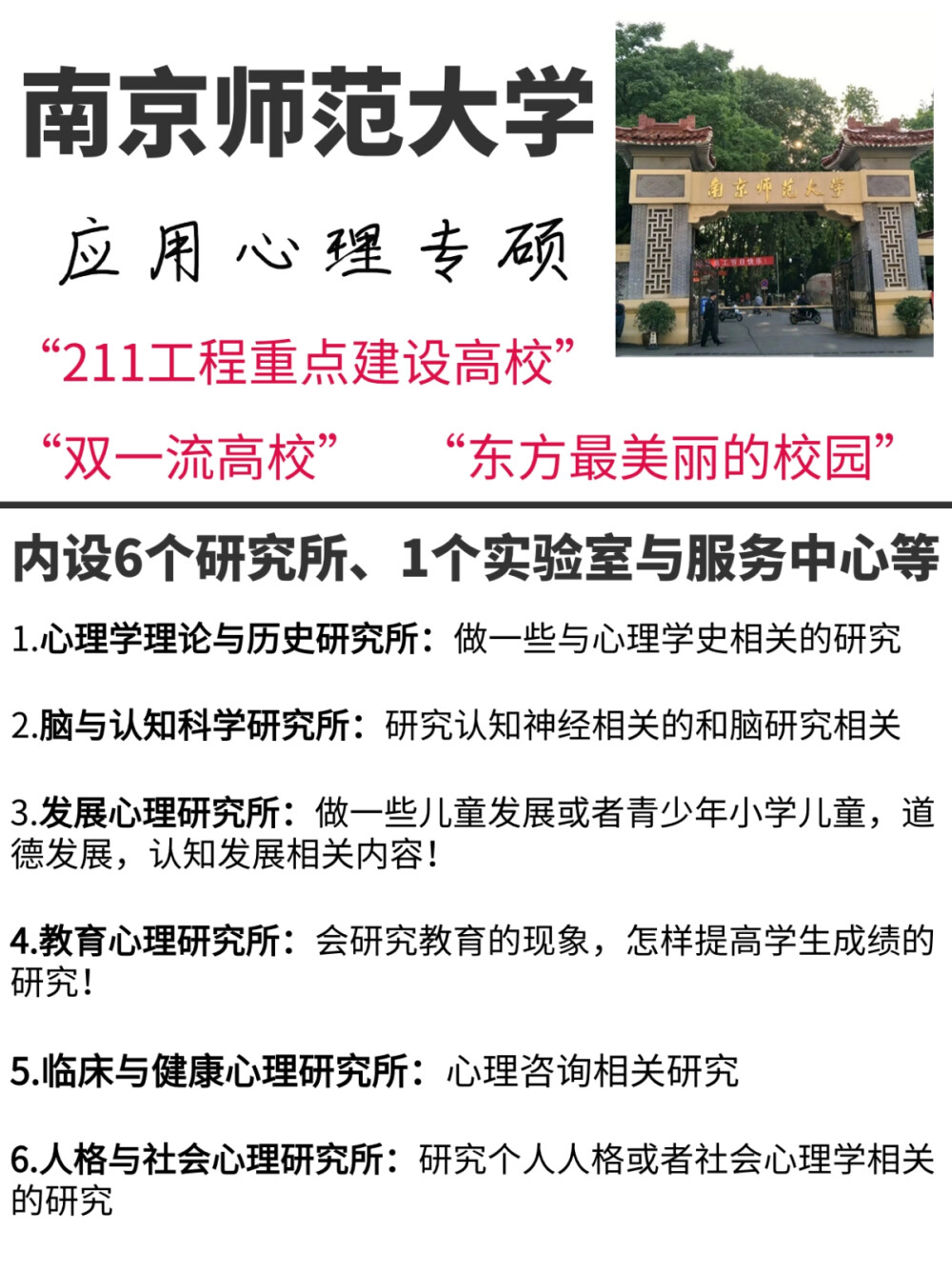 南京师范大学
“211工程重点建设高校”
“双一流高校”
“东方最美丽的校园”
内设6个研究所、1个实验室与服务中心：
1.心理学理论与历史研究所：做一些与心理学史相关的研究
2.脑与认知科学研究所：研究认知神经相关的和脑研究相关
3.发展心理研究所：做一些儿童发展或者青少年小学儿童，道德发展，认知发展相关内容。
4.教育心理研究所：会研究教育的现象，怎样提高学生成绩的研究。
5.临床与健康心理研究所：心理咨询相关研究
6.人格与社会心理研究所：研究个人人格或者社会心理学相关的研究
预祝大家能一战上岸南京师范大学心理学研究生