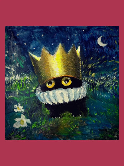 澳大利亚画家Vanessa Stockard认为，应该有更多表现猫咪的艺术作品，于是她亲自上阵，用油画创造了这只总是带着王冠的黑猫。