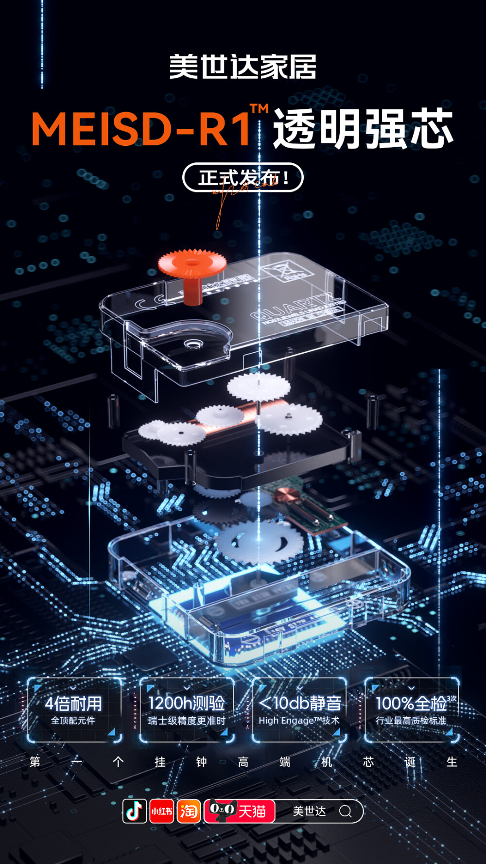 #美世达家居
MEISD-R1™「透明强芯」
正式发布！
机芯，我们同样做出了
[行业最高][瑞士级]与[美学]！