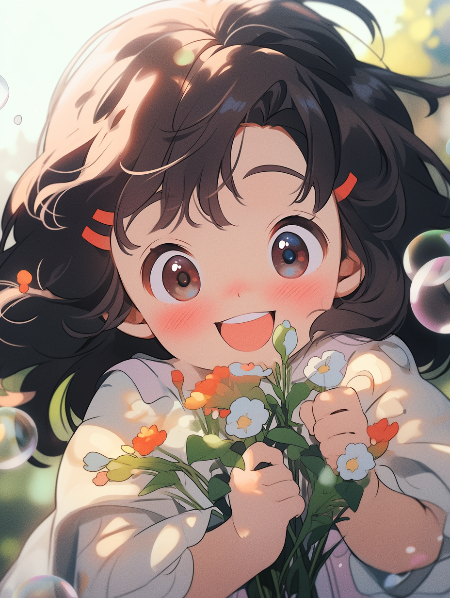 可爱插画吹泡泡的小女孩