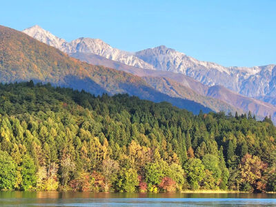 日本 長野県 大町市 青木湖 からの眺め 朝の優しい光に輝く白馬三山と紅葉 