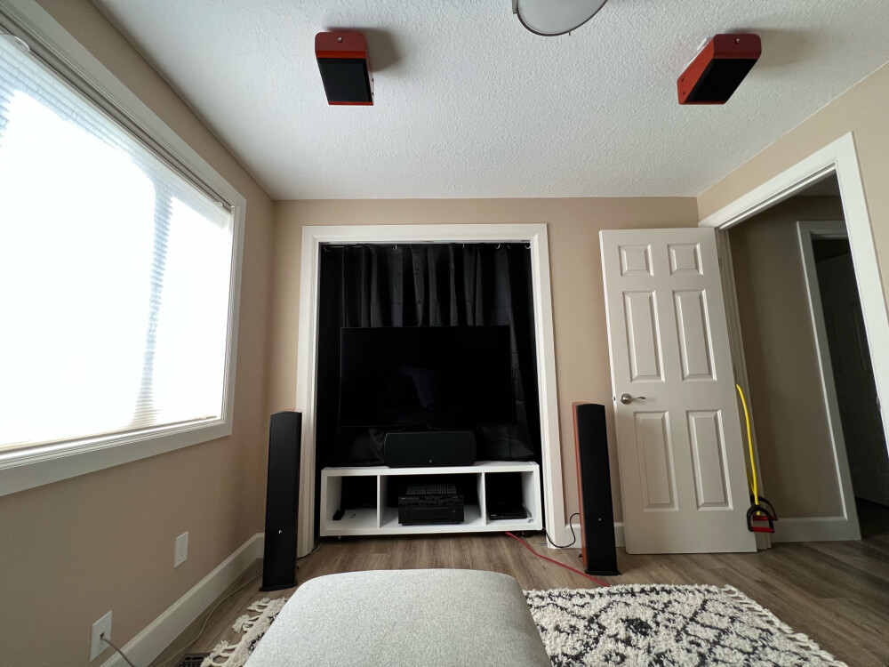 A cozy little Verus theater with gloss cherry finish all the way around! Thanks Jonathan!
Let's get one more pair of speakers in there! 