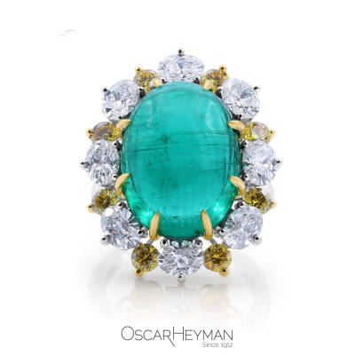 Oscar Heyman 白金戒指 祖母绿 钻石 黄钻 Gold Platinum Emerald ring with Fancy Color Diamonds