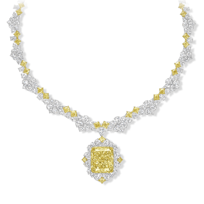 Harry Winston 高级珠宝系列「Royal Adornments」灵感来自品牌历史上为王室定制的重要珠宝作品 The Duchess 金质项链 主石为一颗40.11ct雷迪恩型切割黄钻，达到 Fancy Intense yellow 色级和 Flawless 净度。镶嵌黄…