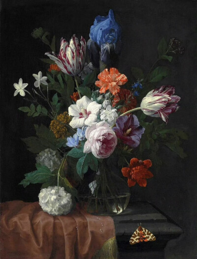 17世纪佛兰芒艺术家尼古拉斯.范.韦伦达尔（Nicolaes van Veerendael，1640–1691）的花卉静物画。相比起同时代其他静物画家，韦伦达尔使用了更多、对比更强的色彩，笔下的花束有着丰富的细节与层次，立体感极强，