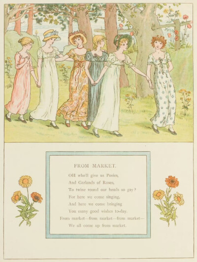 维多利亚时代英国著名插画家凯特.格林纳威（Kate Greenaway）为1885年出版的《金盏花园》（Marigold Garden）绘制的充满田园风情的插画。 ​​​