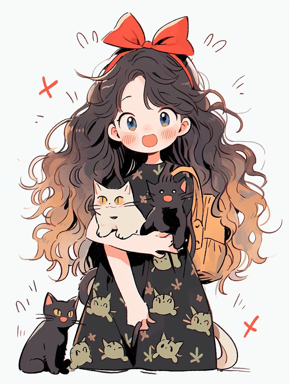 卡通少女与小猫