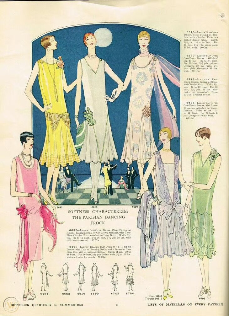 时尚杂志《BUTTERICK QUARTERLY》中1920年代的女士夏装。直线型轮廓的低腰线连衣裙是爵士时代最显著的时尚标识，褶皱、分层、蝴蝶结都是常见的装饰方式，服装设计的形制和图案上，受东方元素的影响很深，阳伞依旧是女郎们出行必备的随身小物。 ​​​​