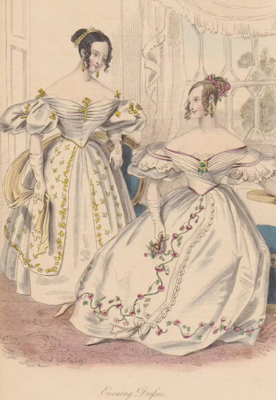《Court》杂志刊登的1830年代的女士时尚。1830 年代的时尚充满戏剧性及浪漫主义色彩，宽大的羊腿袖是这个时代最显著的时尚标识，袖子中间会填充蓬松的羽毛以保持其形状，腰部会系上一条裙撑将裙子撑在后面，飘逸的大…