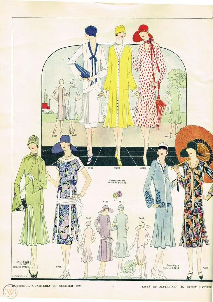 时尚杂志《BUTTERICK QUARTERLY》中1920年代的女士夏装。直线型轮廓的低腰线连衣裙是爵士时代最显著的时尚标识，褶皱、分层、蝴蝶结都是常见的装饰方式，服装设计的形制和图案上，受东方元素的影响很深，阳伞依旧是女郎们出行必备的随身小物。 ​​​​