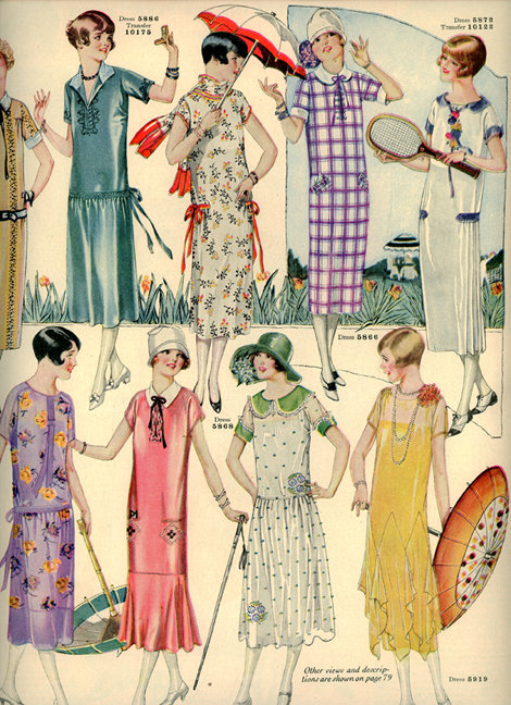 时尚杂志《BUTTERICK QUARTERLY》中1920年代的女士夏装。直线型轮廓的低腰线连衣裙是爵士时代最显著的时尚标识，褶皱、分层、蝴蝶结都是常见的装饰方式，服装设计的形制和图案上，受东方元素的影响很深，阳伞依旧是女郎们出行必备的随身小物。 ​​​​