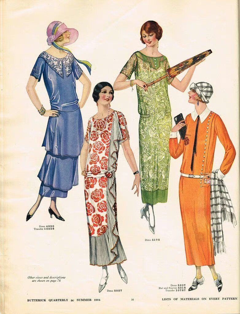 时尚杂志《BUTTERICK QUARTERLY》中1920年代的女士夏装。直线型轮廓的低腰线连衣裙是爵士时代最显著的时尚标识，褶皱、分层、蝴蝶结都是常见的装饰方式，服装设计的形制和图案上，受东方元素的影响很深，阳伞依旧是女郎们出行必备的随身小物。 ​​​​