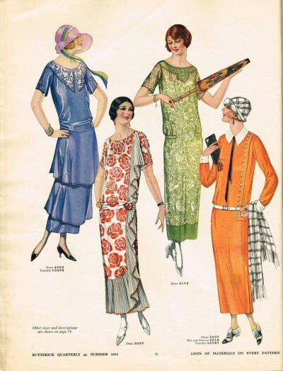 时尚杂志《BUTTERICK QUARTERLY》中1920年代的女士夏装。直线型轮廓的低腰线连衣裙是爵士时代最显著的时尚标识，褶皱、分层、蝴蝶结都是常见的装饰方式，服装设计的形制和图案上，受东方元素的影响很深，阳伞依旧是…