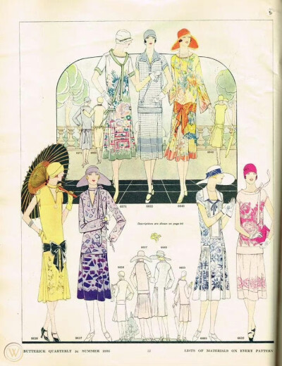 时尚杂志《BUTTERICK QUARTERLY》中1920年代的女士夏装。直线型轮廓的低腰线连衣裙是爵士时代最显著的时尚标识，褶皱、分层、蝴蝶结都是常见的装饰方式，服装设计的形制和图案上，受东方元素的影响很深，阳伞依旧是…