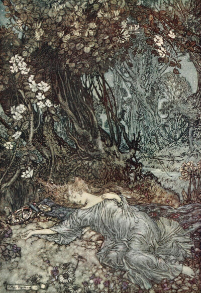 英国插画家亚瑟·拉克姆（Arthur Rackham，1867-1939）为1908年出版的莎翁经典喜剧《仲夏夜之梦》绘制的插画。 ​​​