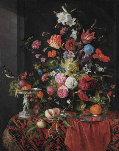 17世纪荷兰艺术家扬.戴维兹.德.海姆（Jan Davidsz. de Heem，约1606-1684）的花卉与静物。作为荷兰及弗拉芒巴洛克绘画流派的代表画家，简.戴维兹的花卉静物画有着鲜亮的色泽、丰富的色彩、细节及明暗对比，除了花卉…