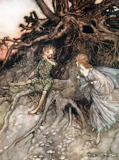 英国插画家亚瑟·拉克姆（Arthur Rackham，1867-1939）为1908年出版的莎翁经典喜剧《仲夏夜之梦》绘制的插画。 ​​​