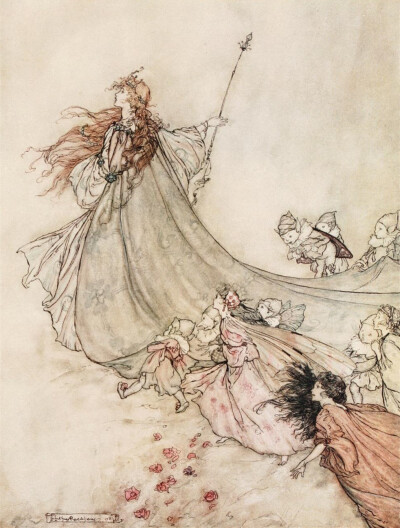 英国插画家亚瑟·拉克姆（Arthur Rackham，1867-1939）为1908年出版的莎翁经典喜剧《仲夏夜之梦》绘制的插画。 ​​​