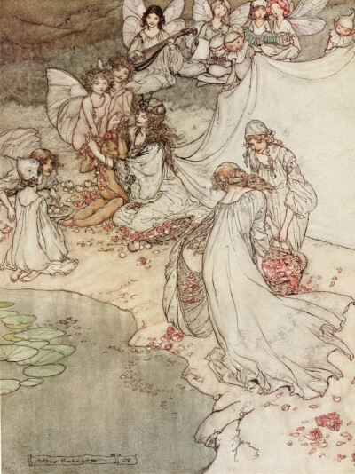 英国插画家亚瑟·拉克姆（Arthur Rackham，1867-1939）为1908年出版的莎翁经典喜剧《仲夏夜之梦》绘制的插画。 ​​​