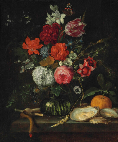 17世纪荷兰艺术家扬.戴维兹.德.海姆（Jan Davidsz. de Heem，约1606-1684）的花卉与静物。作为荷兰及弗拉芒巴洛克绘画流派的代表画家，简.戴维兹的花卉静物画有着鲜亮的色泽、丰富的色彩、细节及明暗对比，除了花卉…