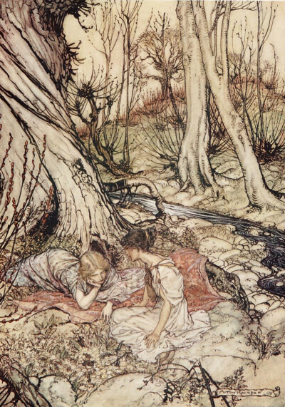 英国插画家亚瑟·拉克姆（Arthur Rackham，1867-1939）为1908年出版的莎翁经典喜剧《仲夏夜之梦》绘制的插画。 ​​​